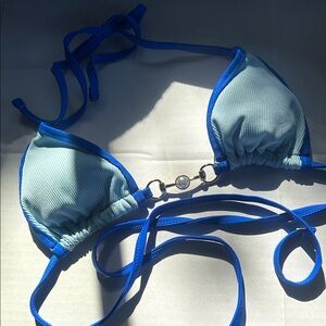 swim ribbed Blue Bikini Top mettalic  /pearl accent detail XS